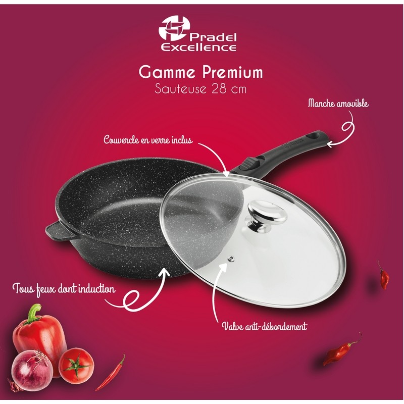 PREMIUM - SAUTEUSE 28 CM FONTE D'ALUMINIUM MANCHE AMOVIBLE AVEC COUVERCLE VERRE BOITE COULEUR PREMIUM - SAUTEUSE 28 CM FONTE D'ALUMINIUM MANCHE AMOVIBLE AVEC COUVERCLE VERRE BOITE COULEUR