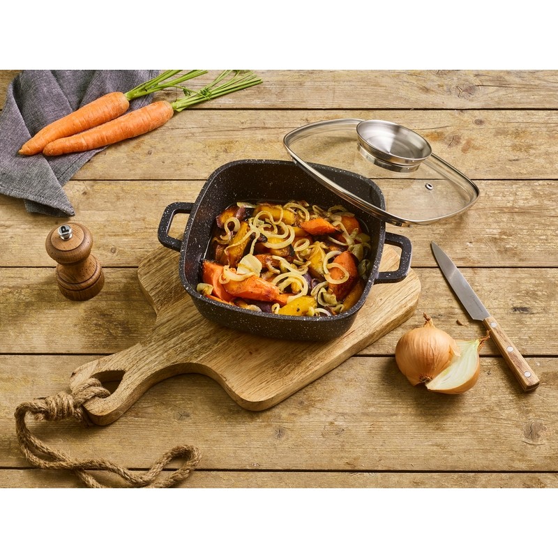 Lacor 25829 Faitout Carré Fonte Aluminium 28cm 7,5L - Couvercle Verre - Tous Feux Dont Induction