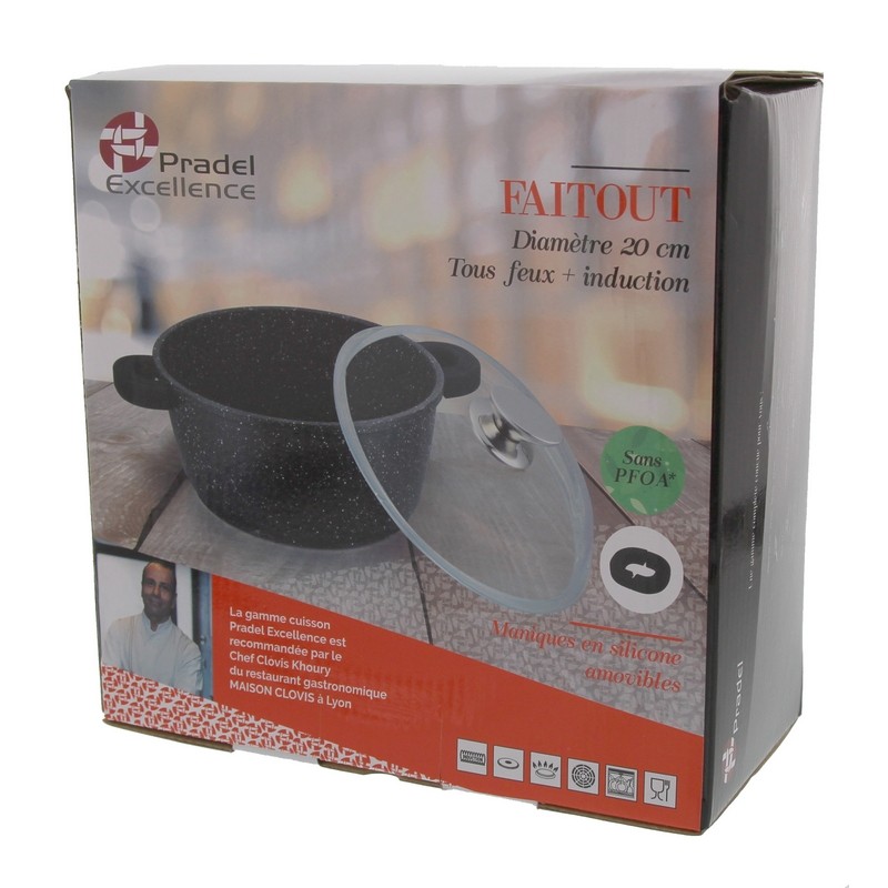 FAITOUT 20 cm AVEC COUVERCLE VERRE ET POIGNEES SILICONE FAÇON PIERRE FAITOUT 20 cm AVEC COUVERCLE VERRE ET POIGNEES SILICONE FAÇON PIERRE