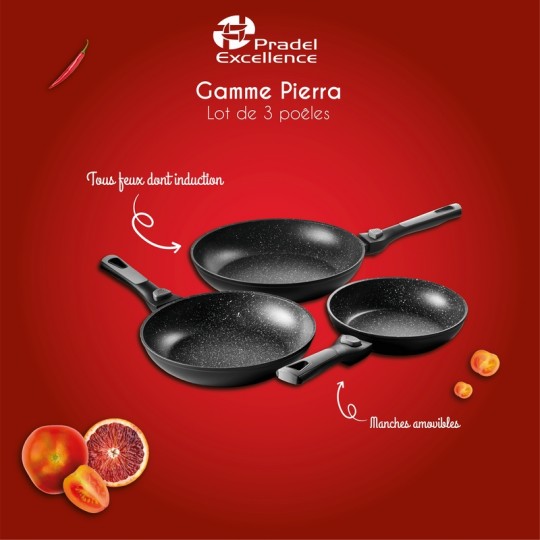 PIERRA - LOT 3 POELES 20 / 24 / 28 CM ALUMINIUM FORGE MANCHE AMOVIBLE BOITE COULEUR