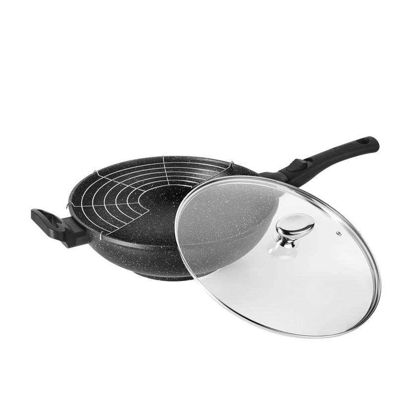 PREMIUM - WOK 32 CM FONTE D'ALUMINIUM MANCHE AMOVIBLE AVEC COUVERCLE VERRE BOITE COUL