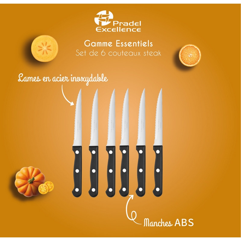 LOT 6 COUTEAUX STEAK 11 CM MANCHES ABS 3 RIVETS