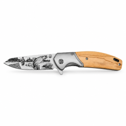 Couteau de poche pliant à lame décor Pêche 8,5 cm – Manche en bois d’olivier