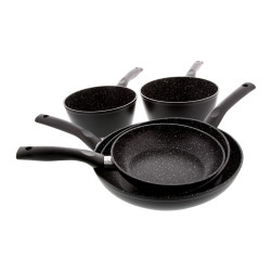 Batterie de cuisine antiadhésive 5 pièces en aluminium forgé façon pierre – 3 poêles et 2 casseroles