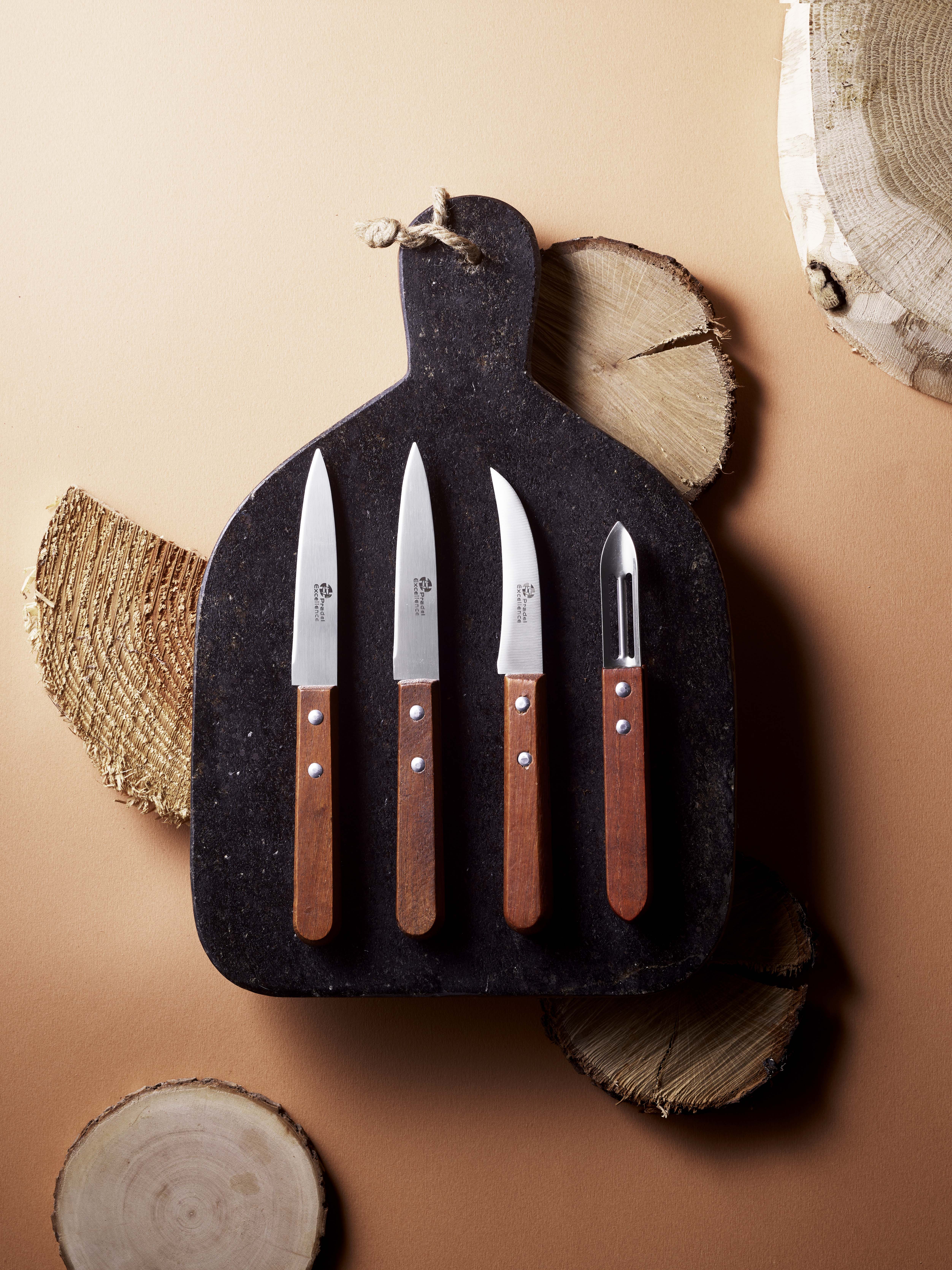 SET 2 COUTEAUX OFFICE 9 CM + 1 BEC D'OISEAU 8 CM + 1 EPLUCHEUR MANCHES BOIS