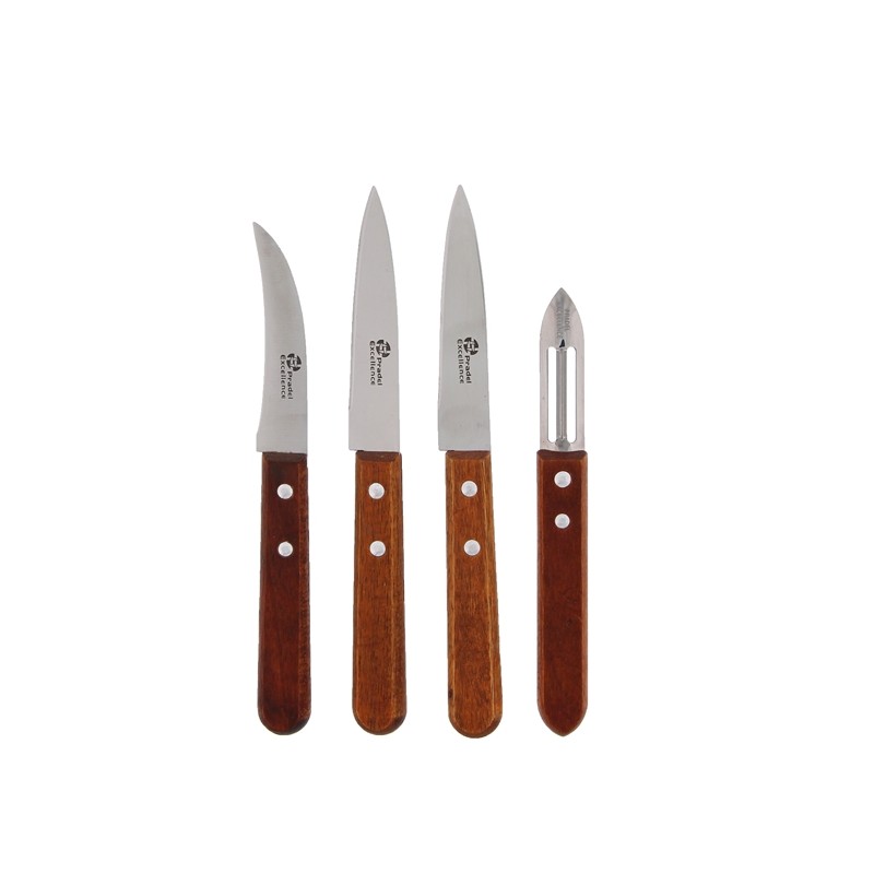 ESSENTIELS - SET 2 COUTEAUX OFFICE 9 CM + 1 BEC D'OISEAU 8 CM + 1 EPLUCHEUR MANCHES BOIS SUR CARTE
