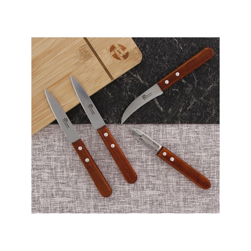 ESSENTIELS - SET 2 COUTEAUX OFFICE 9 CM + 1 BEC D'OISEAU 8 CM + 1 EPLUCHEUR MANCHES BOIS SUR CARTE