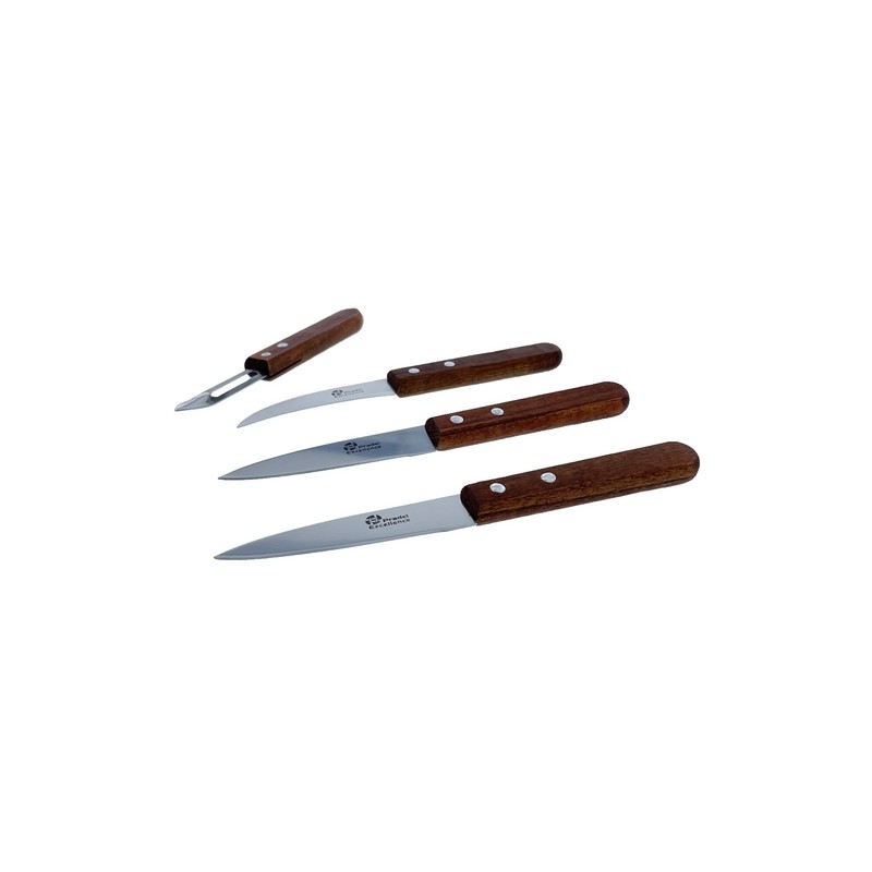 ESSENTIELS - SET 2 COUTEAUX OFFICE 9 CM + 1 BEC D'OISEAU 8 CM + 1 EPLUCHEUR MANCHES BOIS SUR CARTE