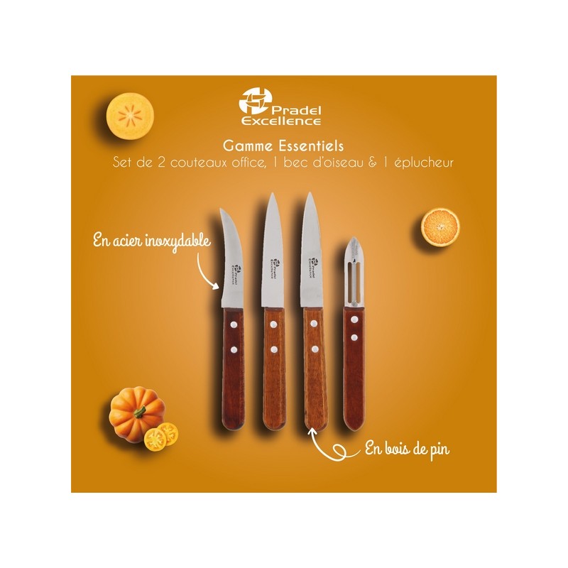 ESSENTIELS - SET 2 COUTEAUX OFFICE 9 CM + 1 BEC D'OISEAU 8 CM + 1 EPLUCHEUR MANCHES BOIS SUR CARTE