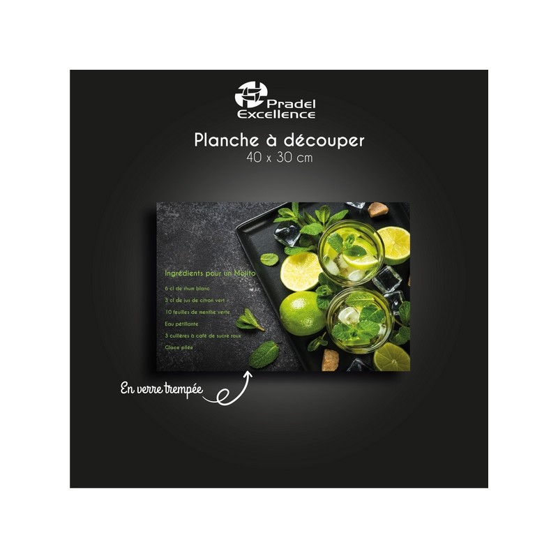 PLANCHE EN VERRE TREMPE - RECTANGLE 40X30CM - MOJITO - BOITE COULEUR