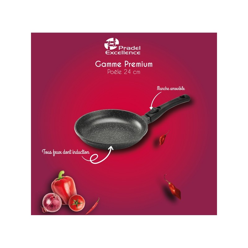 PREMIUM - POELE 24 CM FONTE D'ALUMINIUM MANCHE AMOVIBLE BOITE COULEUR