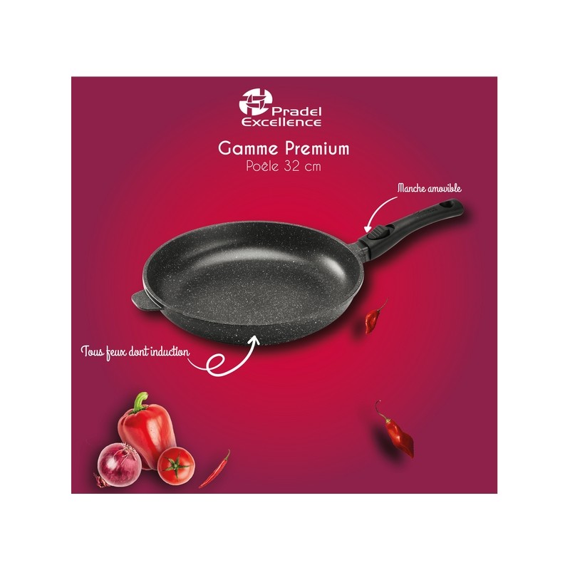 PREMIUM - POELE 32 CM FONTE D'ALUMINIUM MANCHE AMOVIBLE BOITE COULEUR