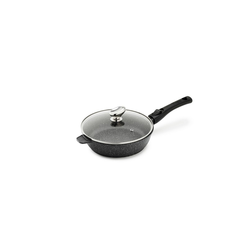 PREMIUM - SAUTEUSE 24 CM FONTE D'ALUMINIUM MANCHE AMOVIBLE AVEC COUVERCLE VERRE BOITE COULEUR