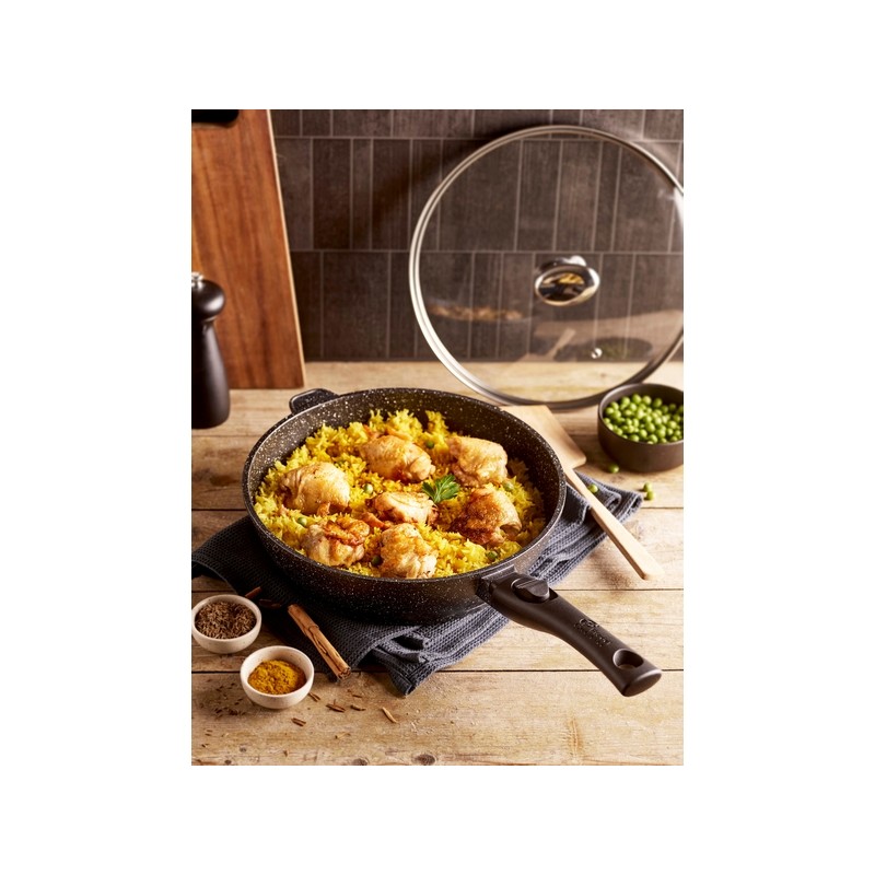 PREMIUM - SAUTEUSE 24 CM FONTE D'ALUMINIUM MANCHE AMOVIBLE AVEC COUVERCLE VERRE BOITE COULEUR