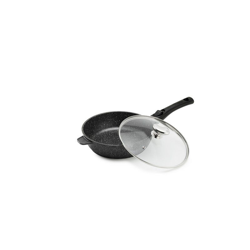 PREMIUM - SAUTEUSE 24 CM FONTE D'ALUMINIUM MANCHE AMOVIBLE AVEC COUVERCLE VERRE BOITE COULEUR