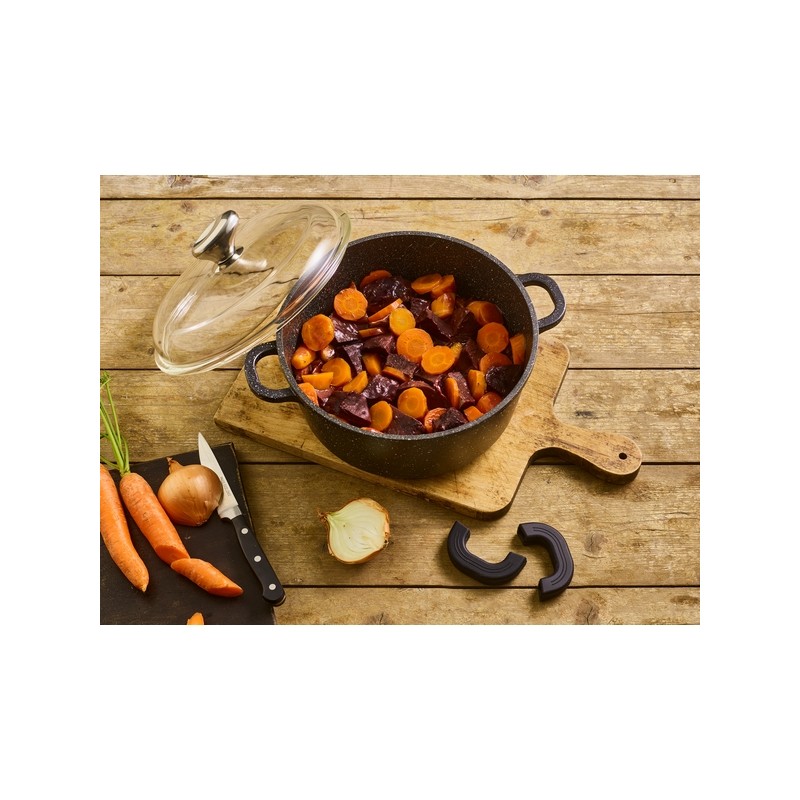 PREMIUM - FAITOUT 24 CM FONTE D'ALUMINIUM AVEC COUVERCLE VERRE BOITE COULEUR