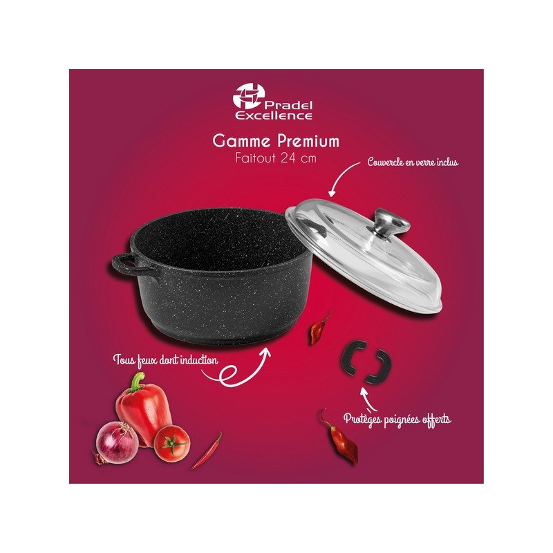 PREMIUM - FAITOUT 24 CM FONTE D'ALUMINIUM AVEC COUVERCLE VERRE BOITE COULEUR