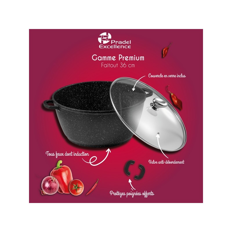 PREMIUM - FAITOUT 36 CM FONTE D'ALUMINIUM AVEC COUVERCLE VERRE BOITE COULEUR
