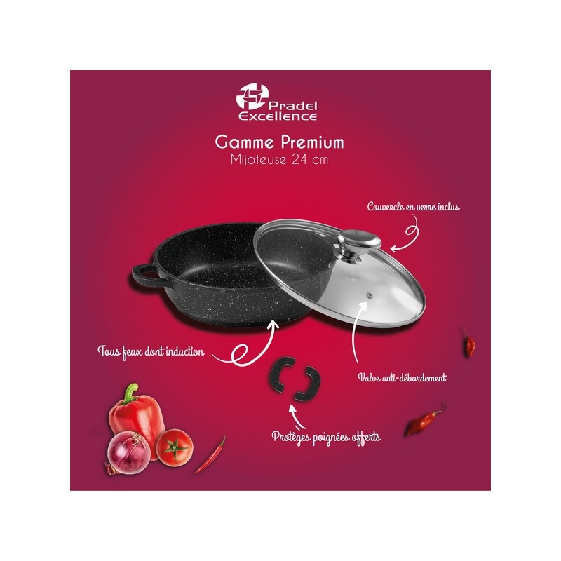 PREMIUM - MIJOTEUSE 24 CM FONTE D'ALUMINIUM AVEC COUVERCLE VERRE BOITE COULEUR