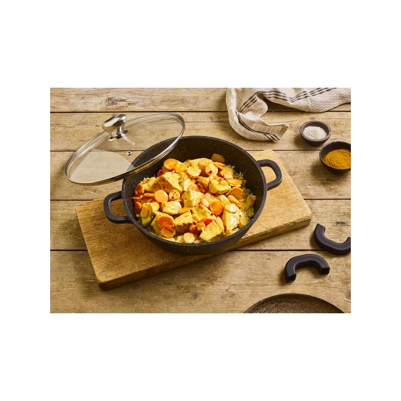 PREMIUM - MIJOTEUSE 28 CM FONTE D'ALUMINIUM AVEC COUVERCLE VERRE BOITE COULEUR