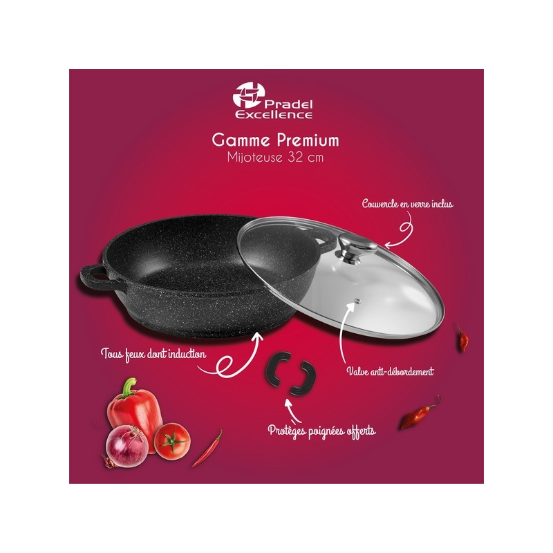 PREMIUM - MIJOTEUSE 32 CM FONTE D'ALUMINIUM AVEC COUVERCLE VERRE BOITE COULEUR