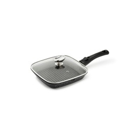 PREMIUM - POELE GRILL 24 x 24 CM FONTE D'ALUMINIUM MANCHE AMOVIBLE AVEC COUVERCLE VERRE BOITE COULEU