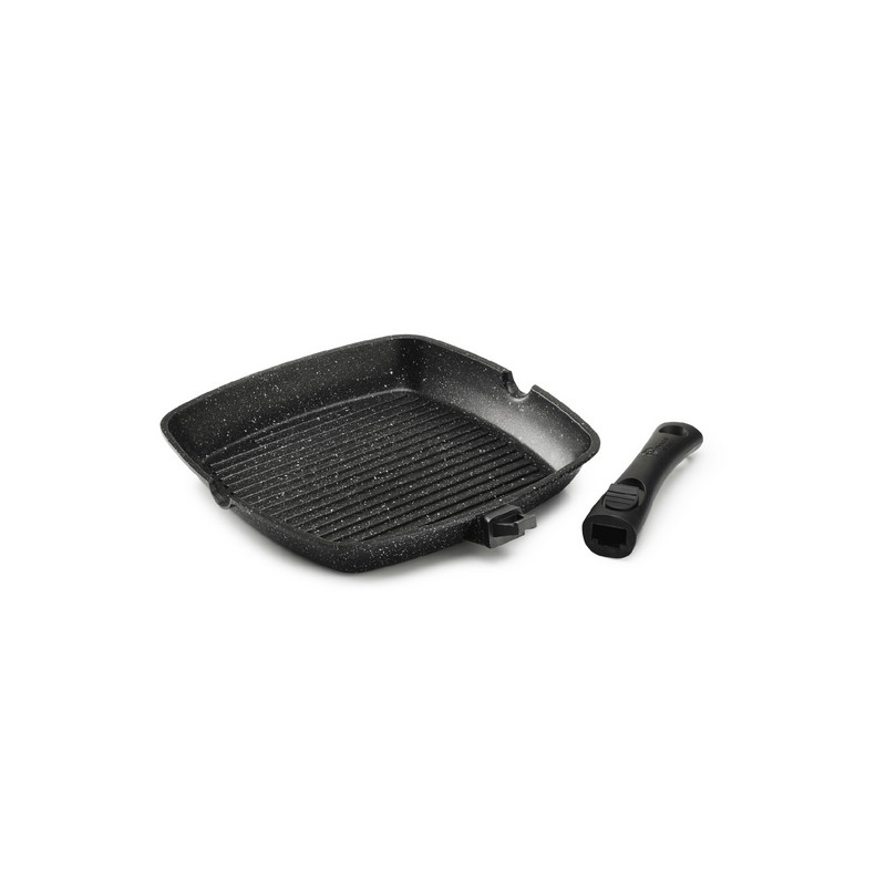 PREMIUM - POELE GRILL 28 x 28 CM FONTE D'ALUMINIUM MANCHE AMOVIBLE AVEC COUVERCLE VERRE BOITE COULEU