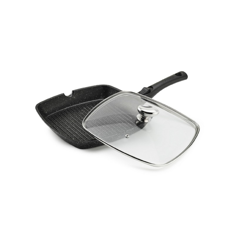 PREMIUM - POELE GRILL 28 x 28 CM FONTE D'ALUMINIUM MANCHE AMOVIBLE AVEC COUVERCLE VERRE BOITE COULEU