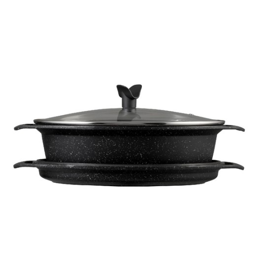 PREMIUM - MARMITE OVALE 3 PIECES 33 x 25 CM FONTE D'ALUMINIUM AVEC COUVERCLE VERRE BOITE COULEUR