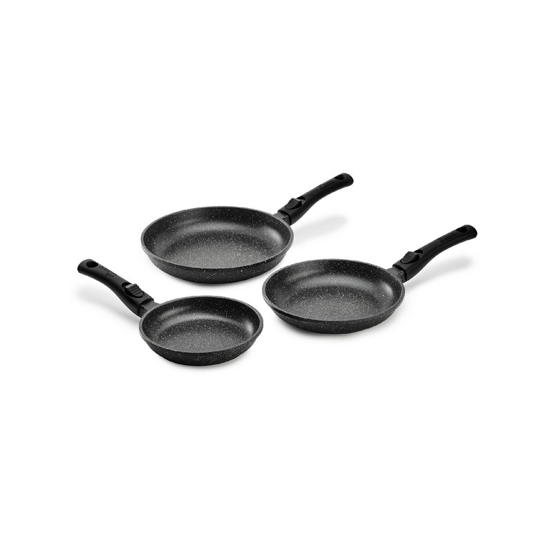 PIERRA - LOT 3 POELES 20 / 24 / 28 CM ALUMINIUM FORGE MANCHE AMOVIBLE Boite Couleur