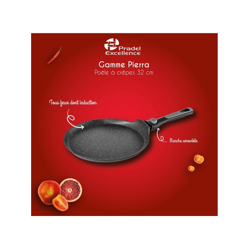 PIERRA - POELE CREPE 32 CM ALUMINIUM FORGE MANCHE AMOVIBLE BOITE COULEUR