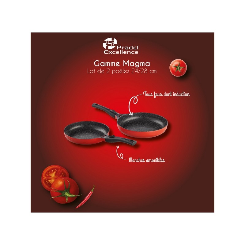 MAGMA - LOT 2 POELES 24 / 28 CM FONTE D'ALUMINIUM MANCHE AMOVIBLE BOITE COULEUR