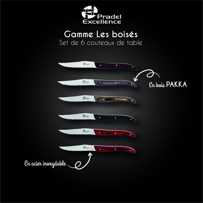LES BOISES - SET 6 COUTEAUX DE TABLE MANCHES BOIS COFFRET COULEUR