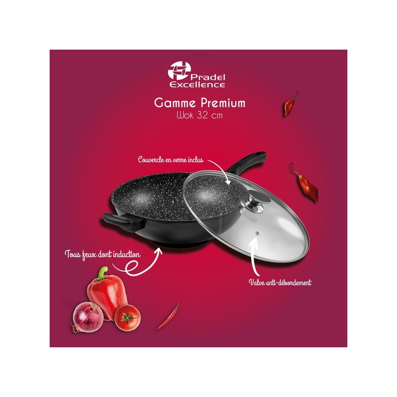 WOK 32 cm AVEC COUVERCLE VERRE FAÇON PIERRE WOK 32 cm AVEC COUVERCLE VERRE FAÇON PIERRE